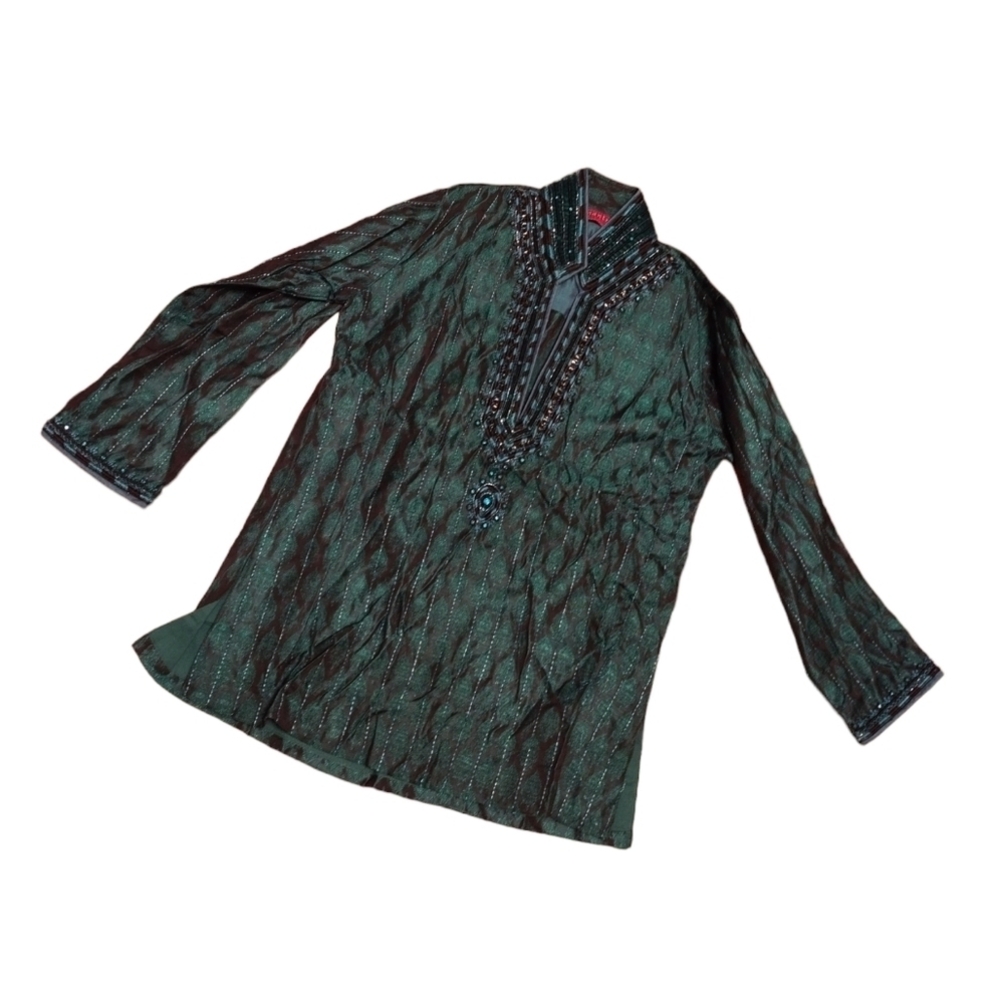 Mantra Ethnics Beaded Tapestry Blouse India Ladies Size 6 GREEN VINTAGE